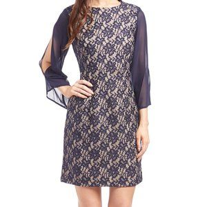 Navy & Nude Floral Lace Cutout Sheath Dress
